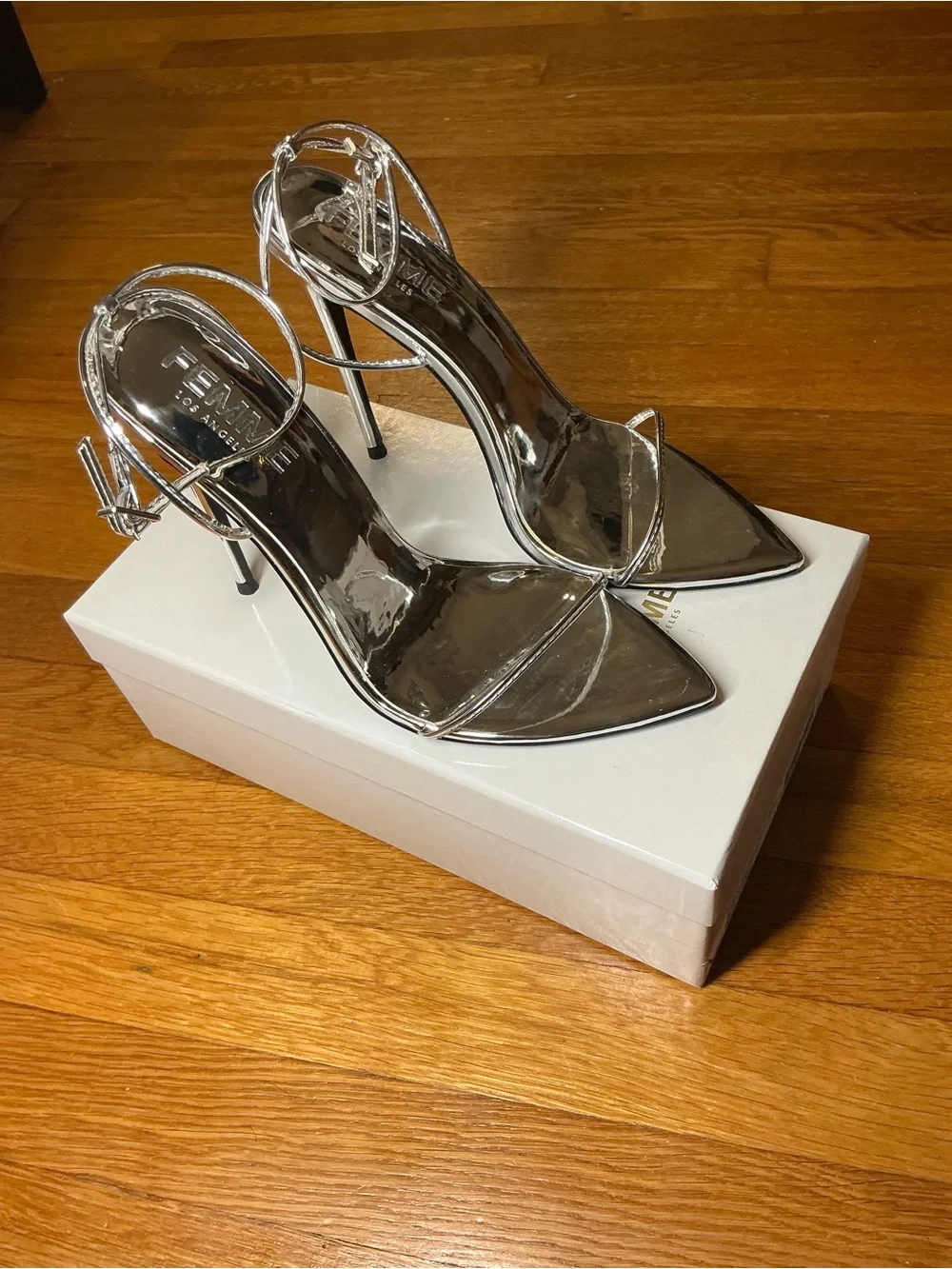 FEMME LA Silver Metallic Stiletto Ankle-Strap Sandal